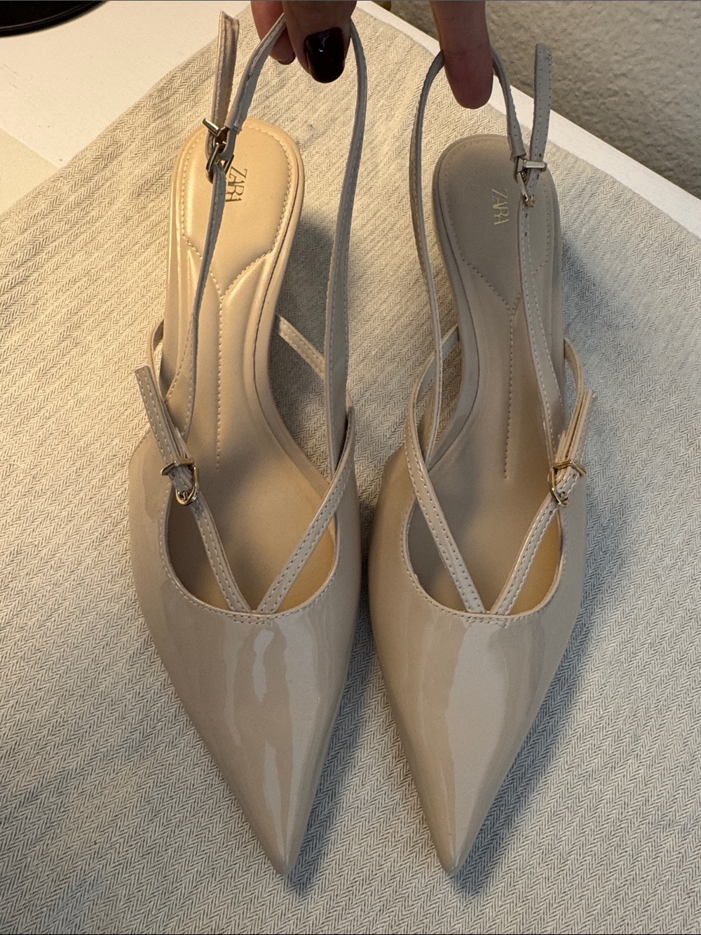 Zara Beige Patent Pointed-Toe Slingback Heels